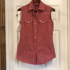 Red Sleeveless Women’s Pearl Snap Shirt